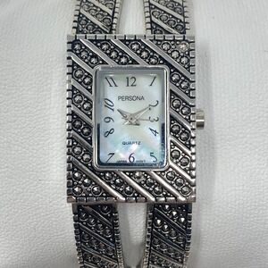 Persona Marcasite Tank Watch Women 22mm Silver Tone Cuff MOP New Battery 6.25"